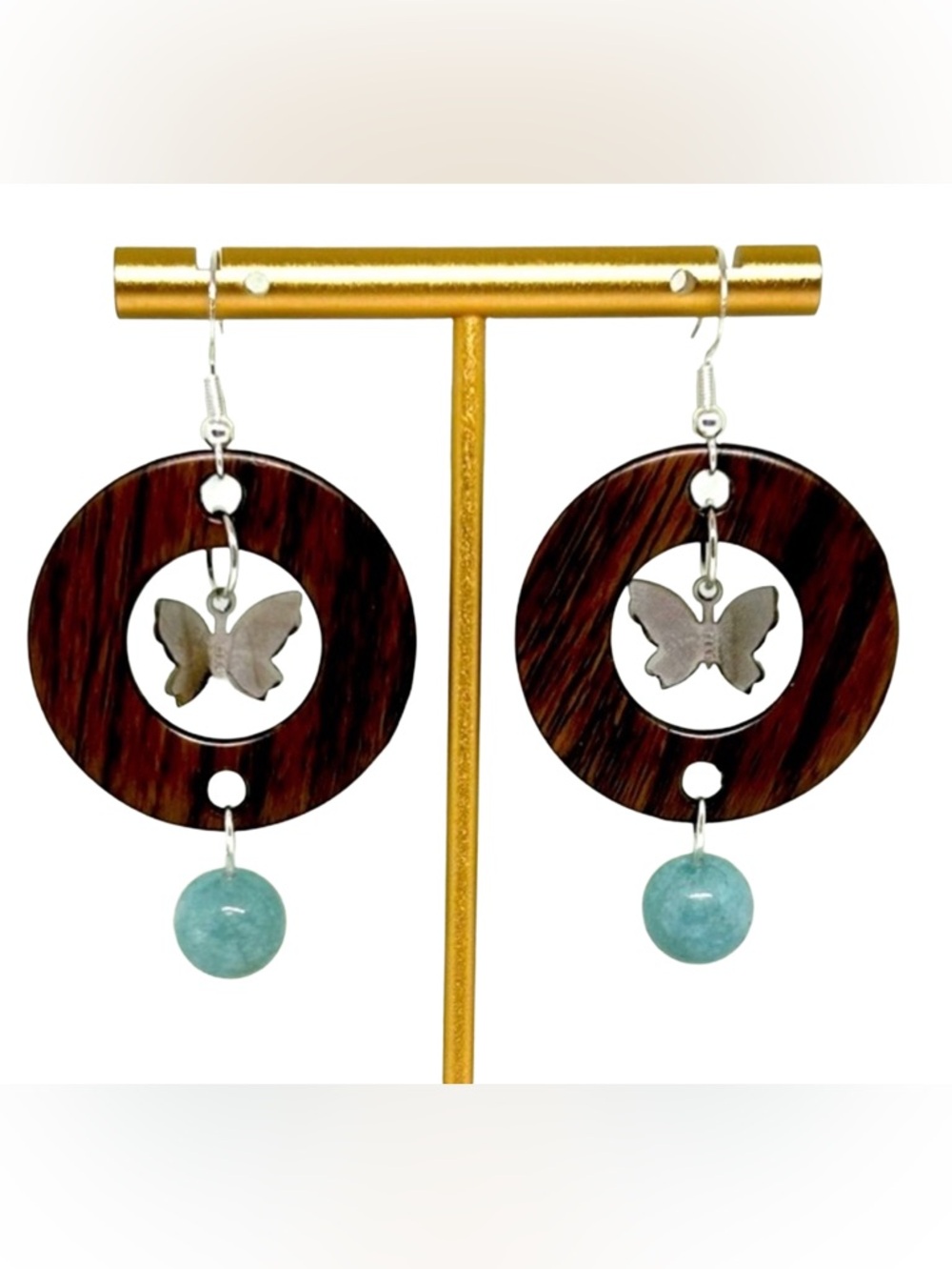 Handmade Sterling Silver & Wooden Pendant Butterfly Statement Earrings!